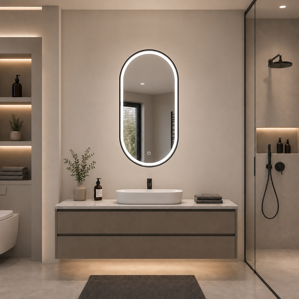 3009W-L-BK pill oval black frame front-lit mirror with slim black W frame above vanity
