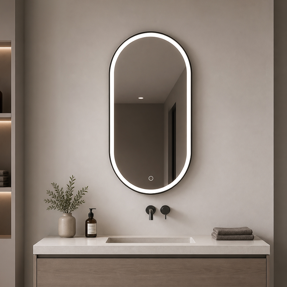 3009W-L-BK pill oval black frame front-lit mirror with slim black W frame