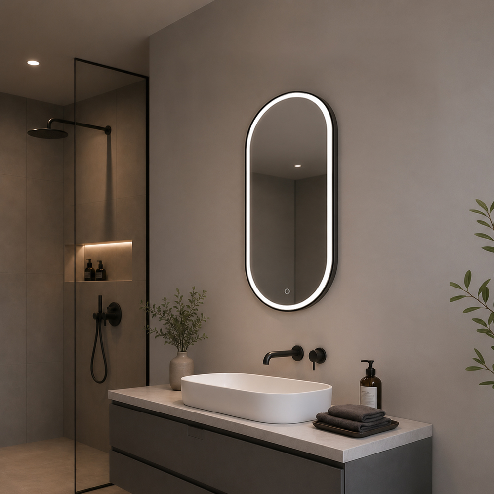 Side view of 3009W-L-BK pill oval black frame front-lit mirror with slim black W frame