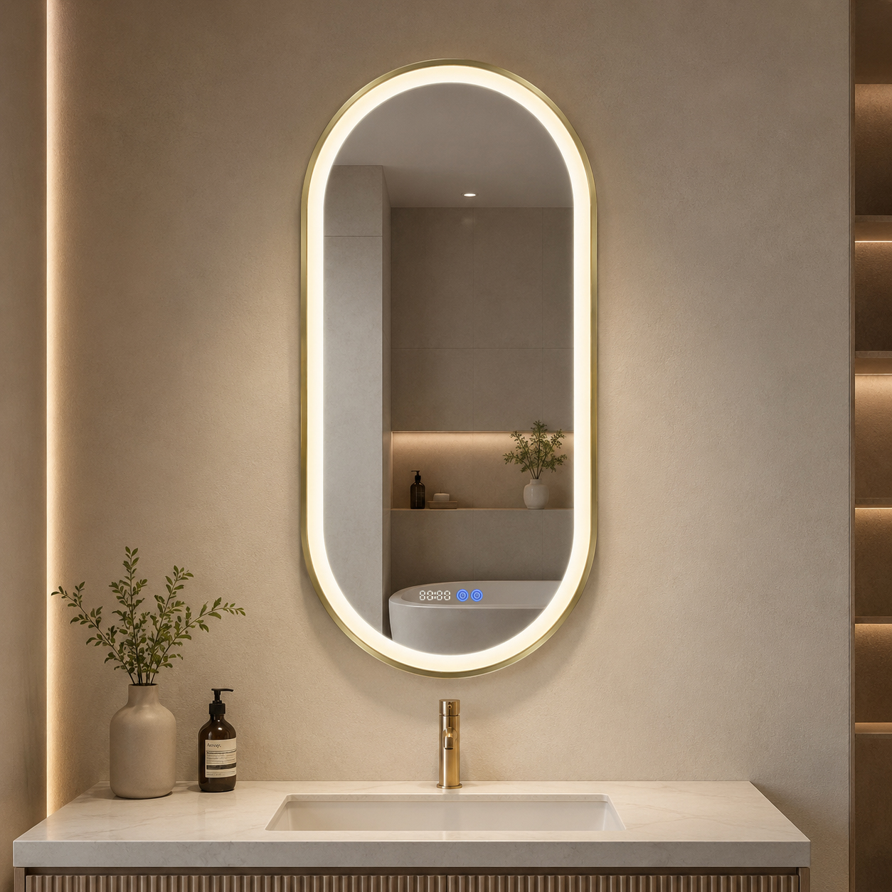 3009W-L-GD gold frame pill-shaped LED mirror with gold-finish W frame in showroom