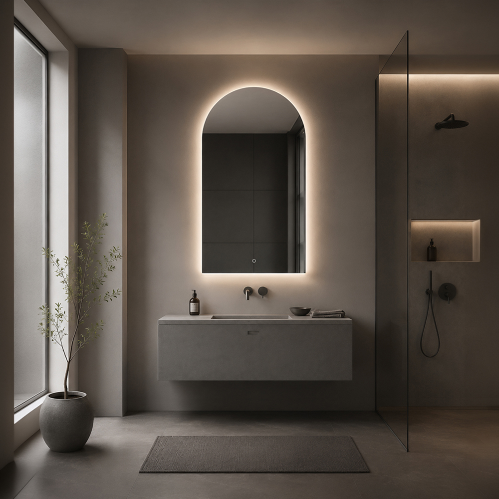 3010-LC-50110 arched 3-color LED bathroom mirror with 500×1100 mm backlight above vanity