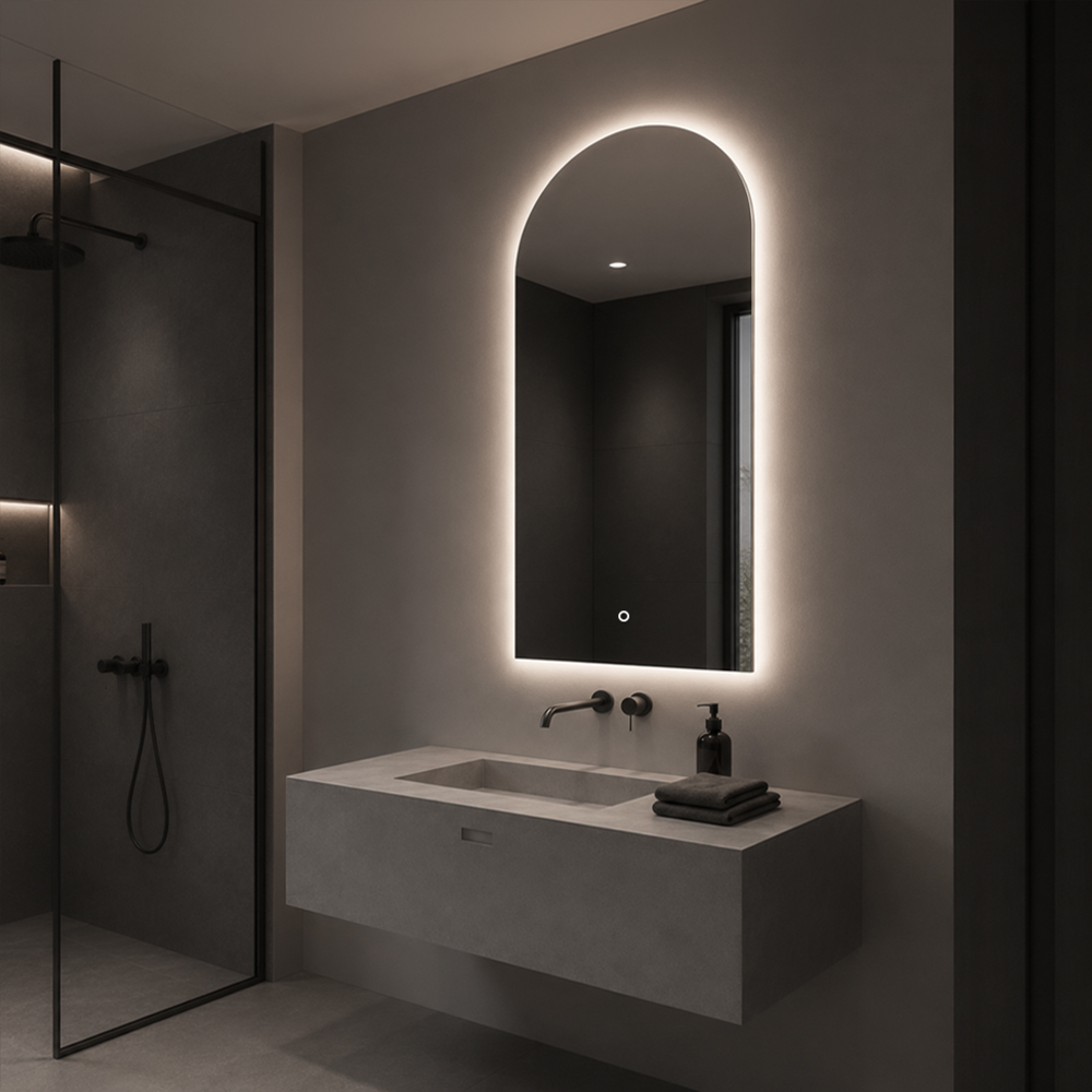 Side view of 3010-LC-50110 arched 3-color LED bathroom mirror with 500×1100 mm backlight