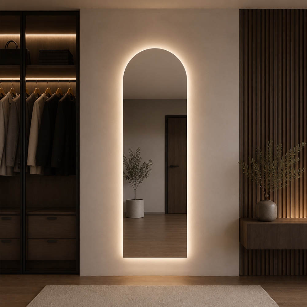 3010-LC Arched Full-Length Backlit LED Mirror – Showroom View 3010-LC arched full-length backlit LED mirror with arched full-length profile in showroom