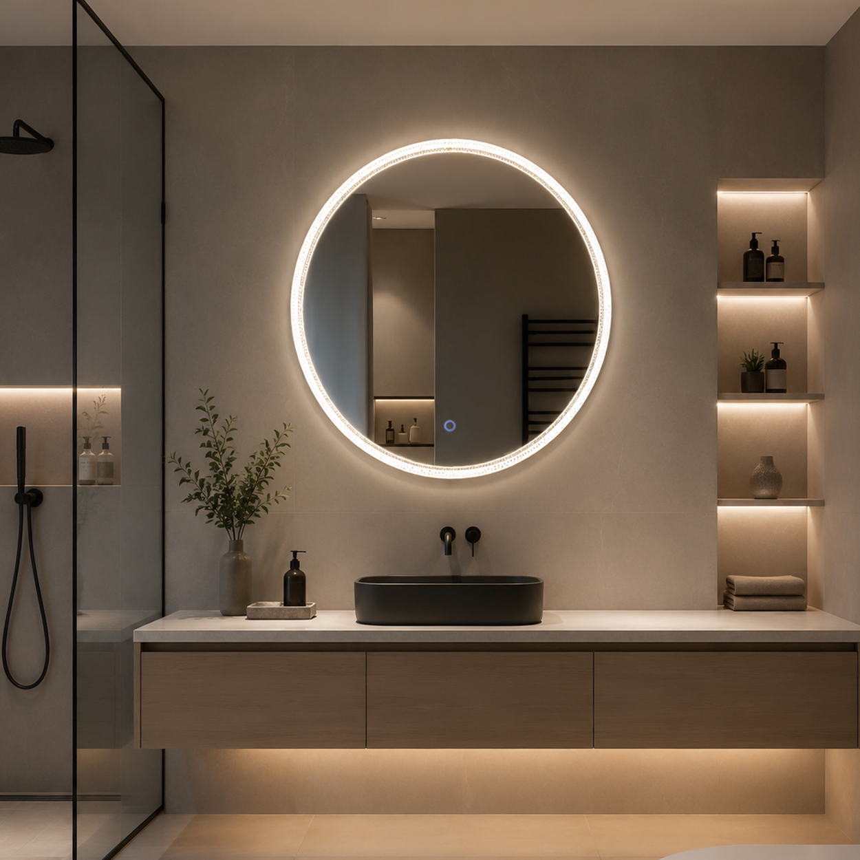 3031-LC round edge-lit LED mirror with crystal-textured clear rim above vanity