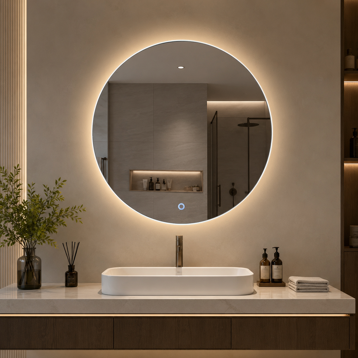 3032-LC irregular oval backlit bathroom mirror with soft asymmetrical oval profile above vanity