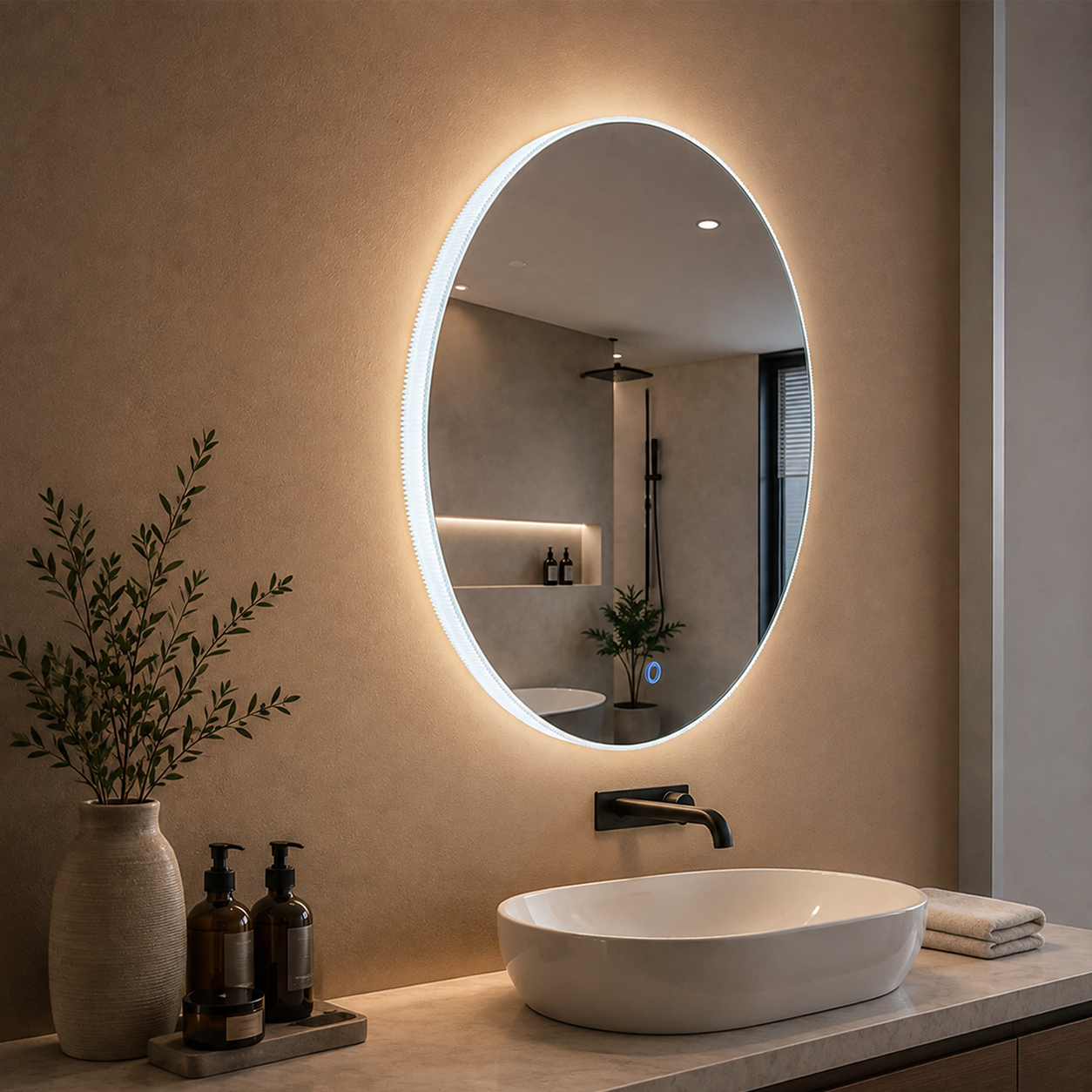 3032-LC irregular oval backlit bathroom mirror with soft asymmetrical oval profile in showroom