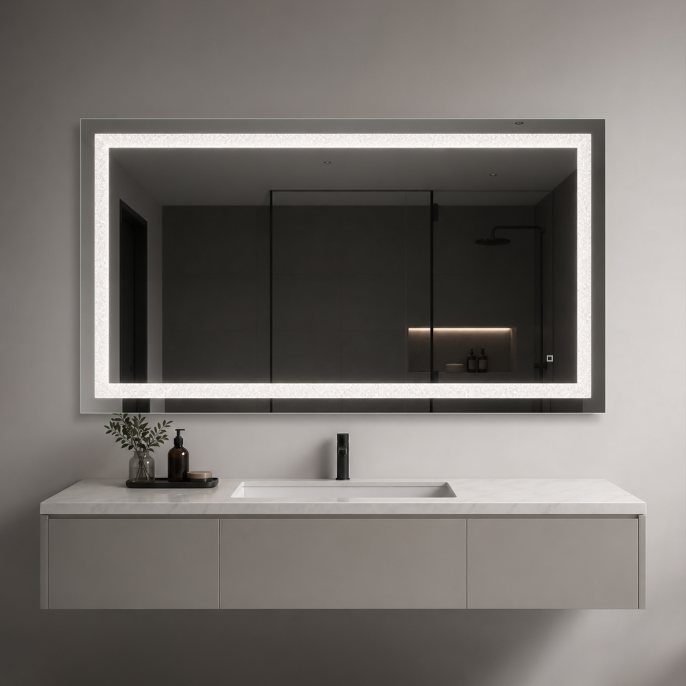 3121-L-C rectangular crystal-light LED bathroom mirror with sparkling crushed-crystal front-light ring