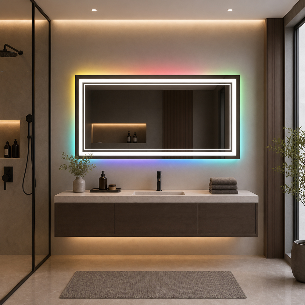 3121-L-R rectangular RGB backlit LED bathroom mirror with RGB wall halo above vanity