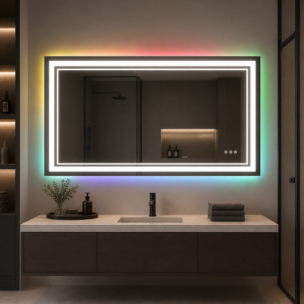 3121-L-R rectangular RGB backlit LED bathroom mirror with RGB wall halo
