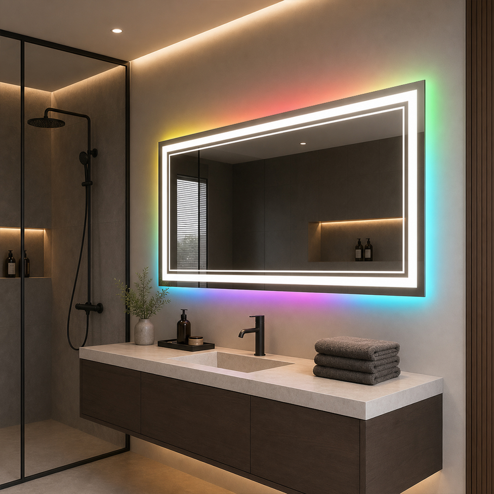 Side view of 3121-L-R rectangular RGB backlit LED bathroom mirror with RGB wall halo