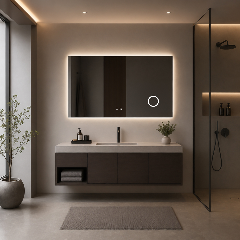 3152-LC-12080-E wide backlit LED bathroom mirror with magnifier set under glass in bathroom