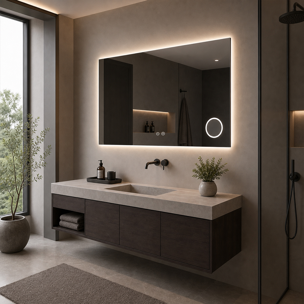 Side view of 3152-LC-12080-E wide backlit LED bathroom mirror with magnifier set under glass