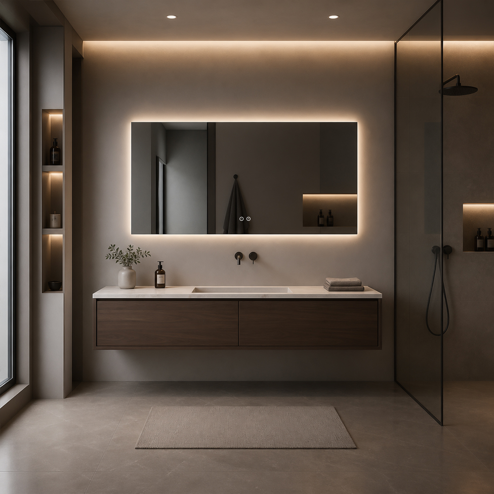 3152-LC wide frameless backlit bathroom mirror with soft rear wall halo above vanity