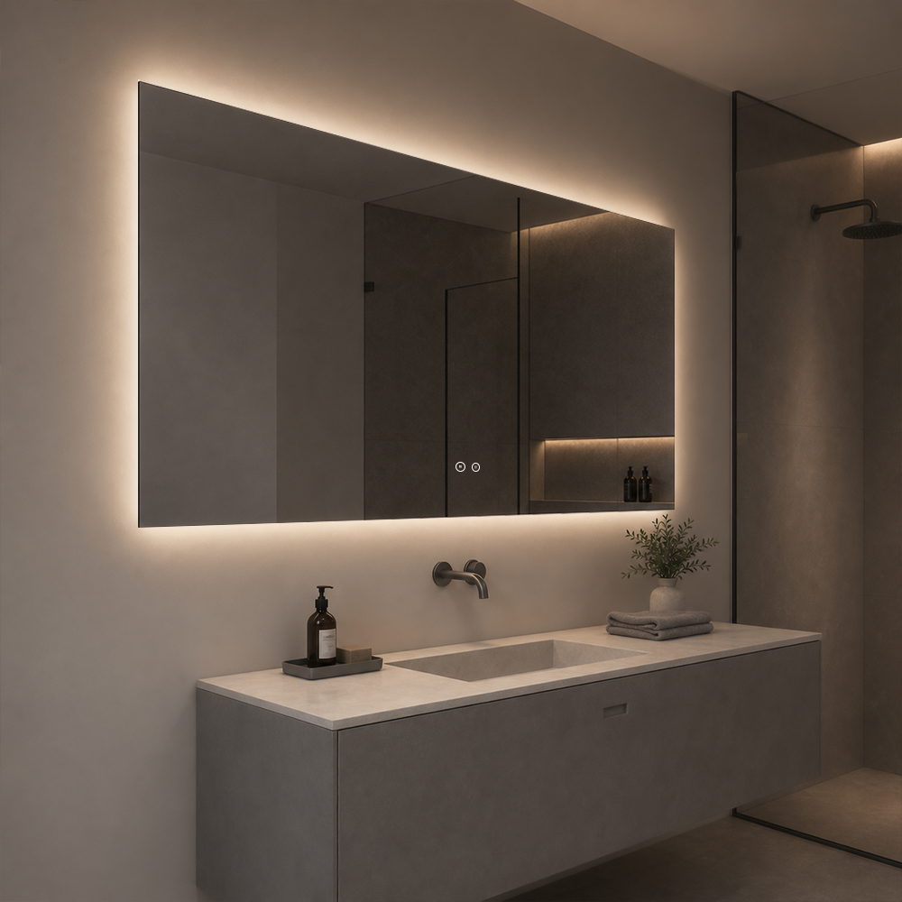 Side view of 3152-LC wide frameless backlit bathroom mirror with soft rear wall halo
