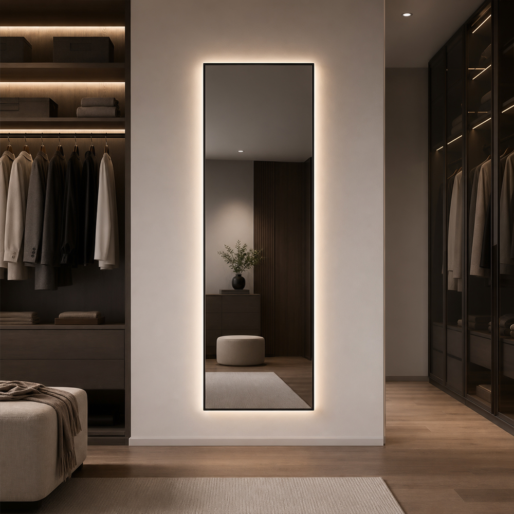 3152T-LC-BK-10 full-length black frame LED mirror with T-series frame in dressing area