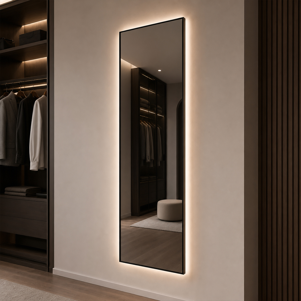 Side view of 3152T-LC-BK-10 full-length black frame LED mirror with T-series frame