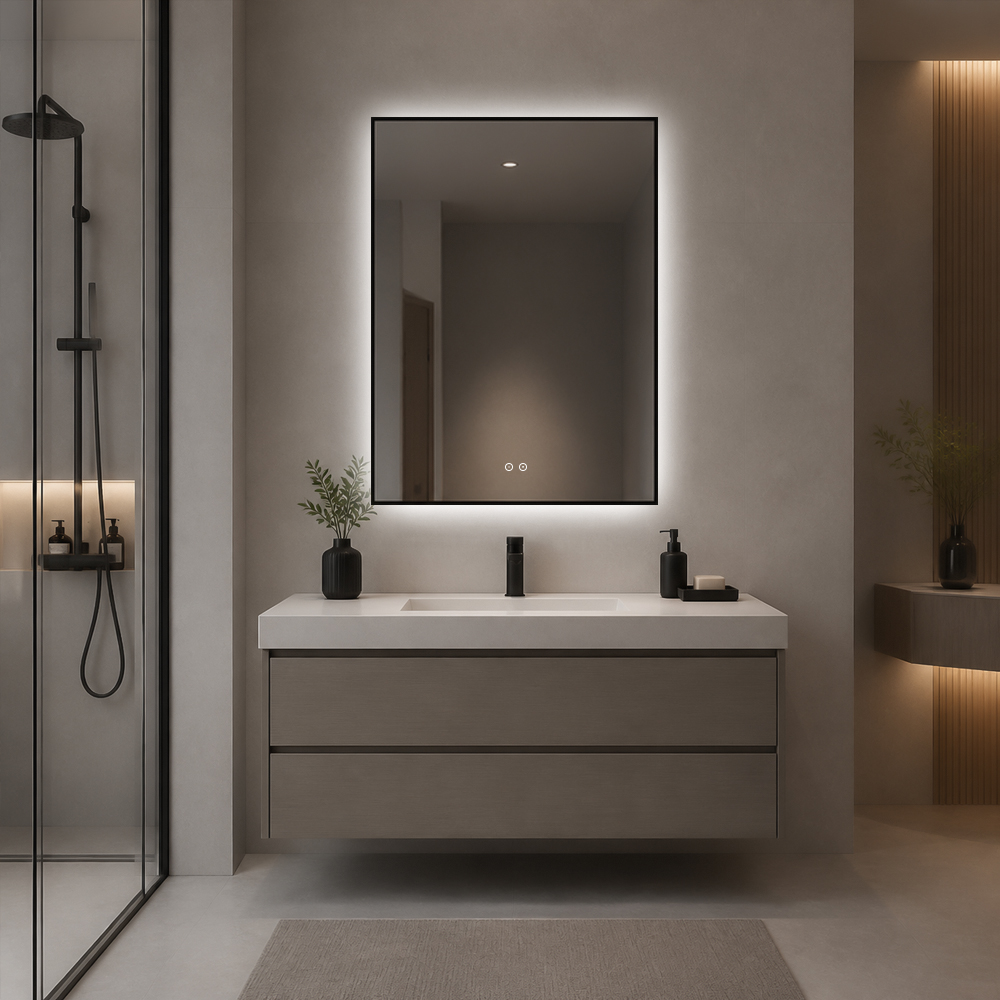 3152T-LC-BK portrait slim black frame backlit mirror with balanced 3:4 proportion above vanity