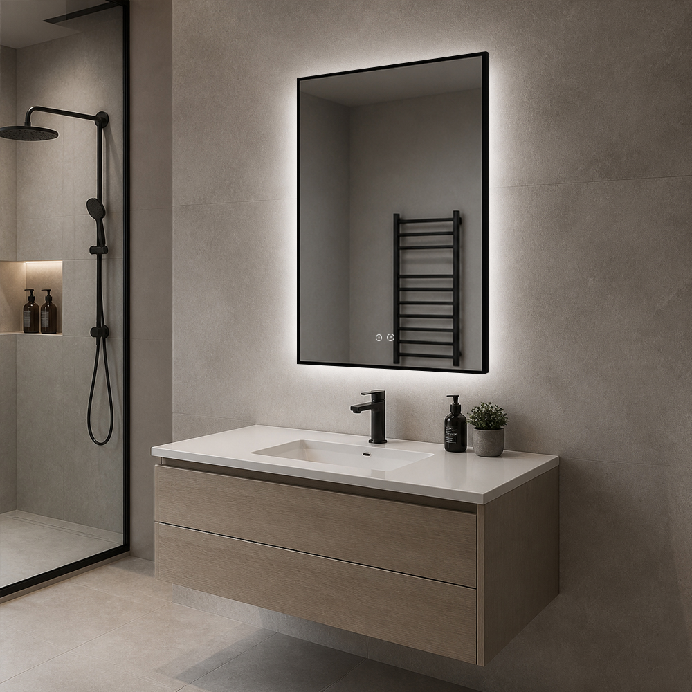 Side view of 3152T-LC-BK portrait slim black frame backlit mirror showing balanced 3:4 proportion