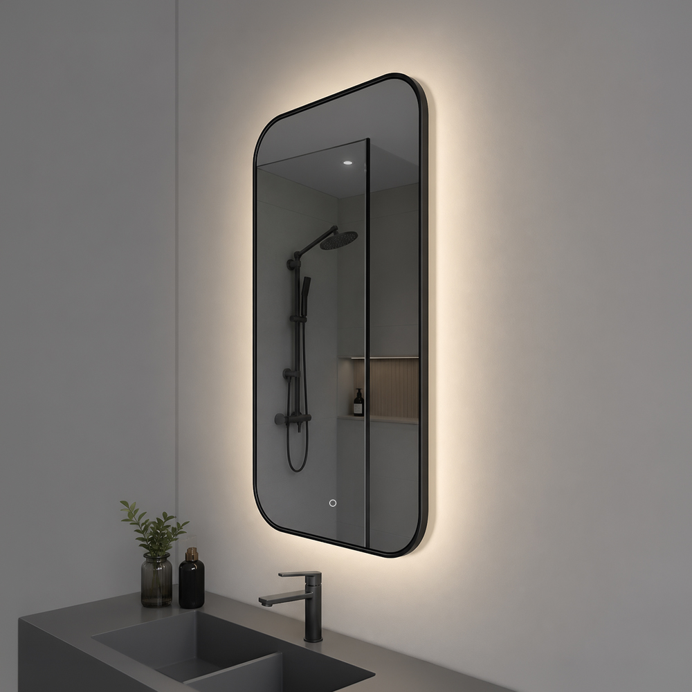 Side view of 3153T-LC-BK rounded slim black frame backlit mirror showing T-series frame