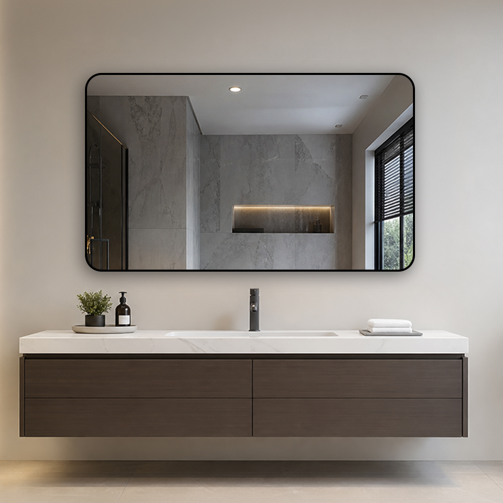 3153W-10060-BK wide rounded black framed bathroom mirror with wide rounded black frame
