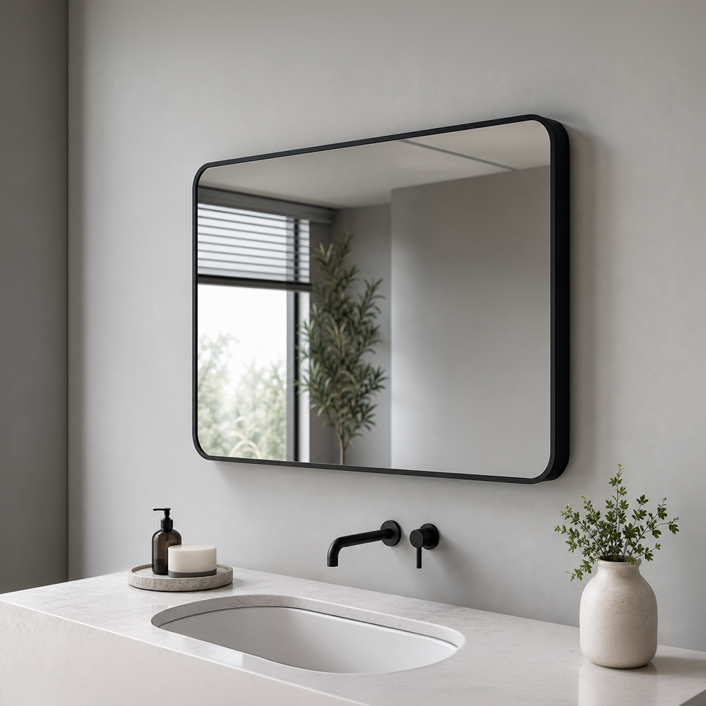 Side view of 3153W-10060-BK wide rounded black framed bathroom mirror and black frame