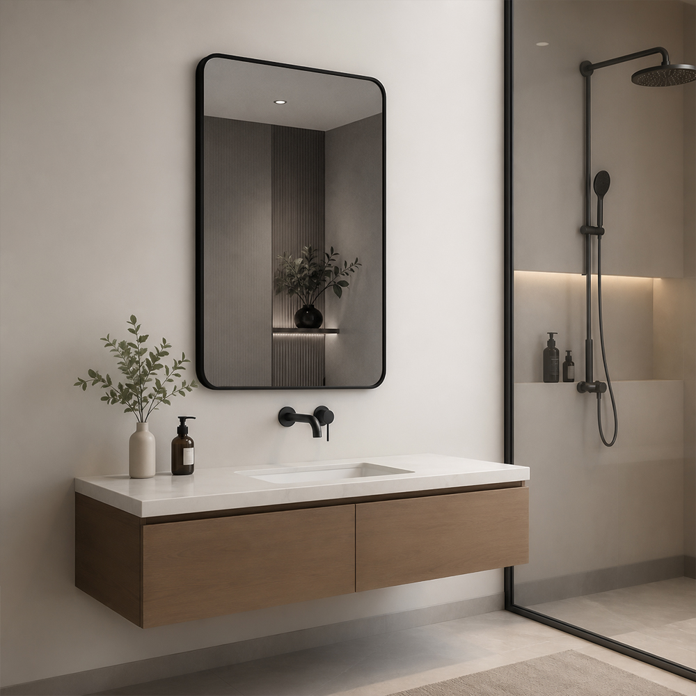 Side view of 3153W-BK portrait rounded black framed wall mirror showing vertical frame