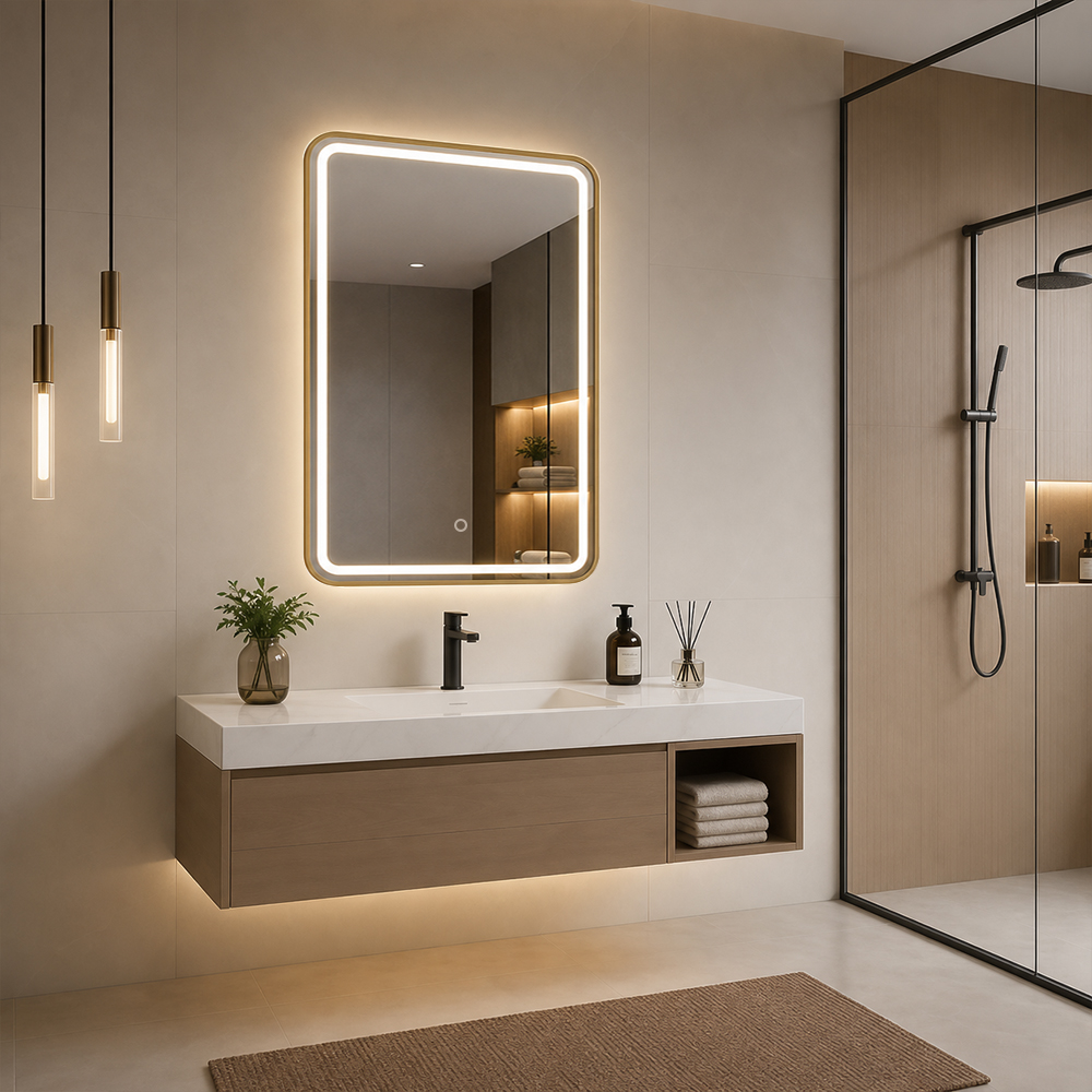 3158W-L-GD gold framed rounded LED bathroom mirror with rounded gold frame above vanity