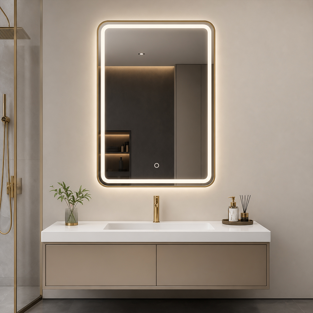 3158W-L-GD gold framed rounded LED bathroom mirror with gold W frame and rounded corners