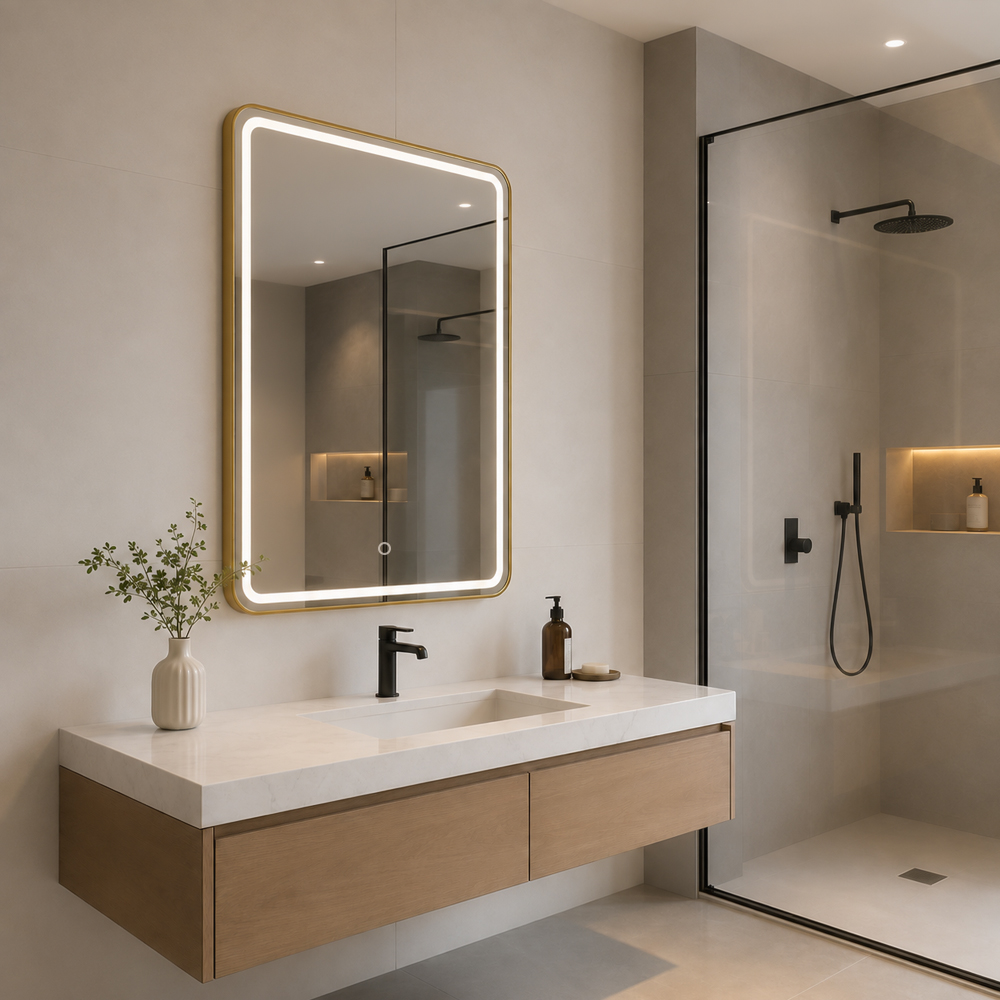Side view of 3158W-L-GD gold framed rounded LED bathroom mirror showing W frame