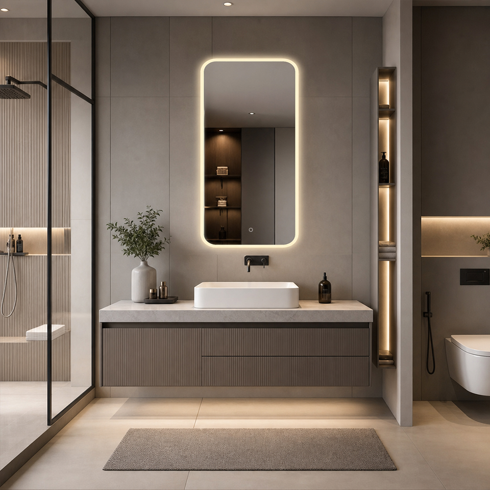 3167-LA tall illuminated bathroom mirror with warm light and rounded profile above vanity