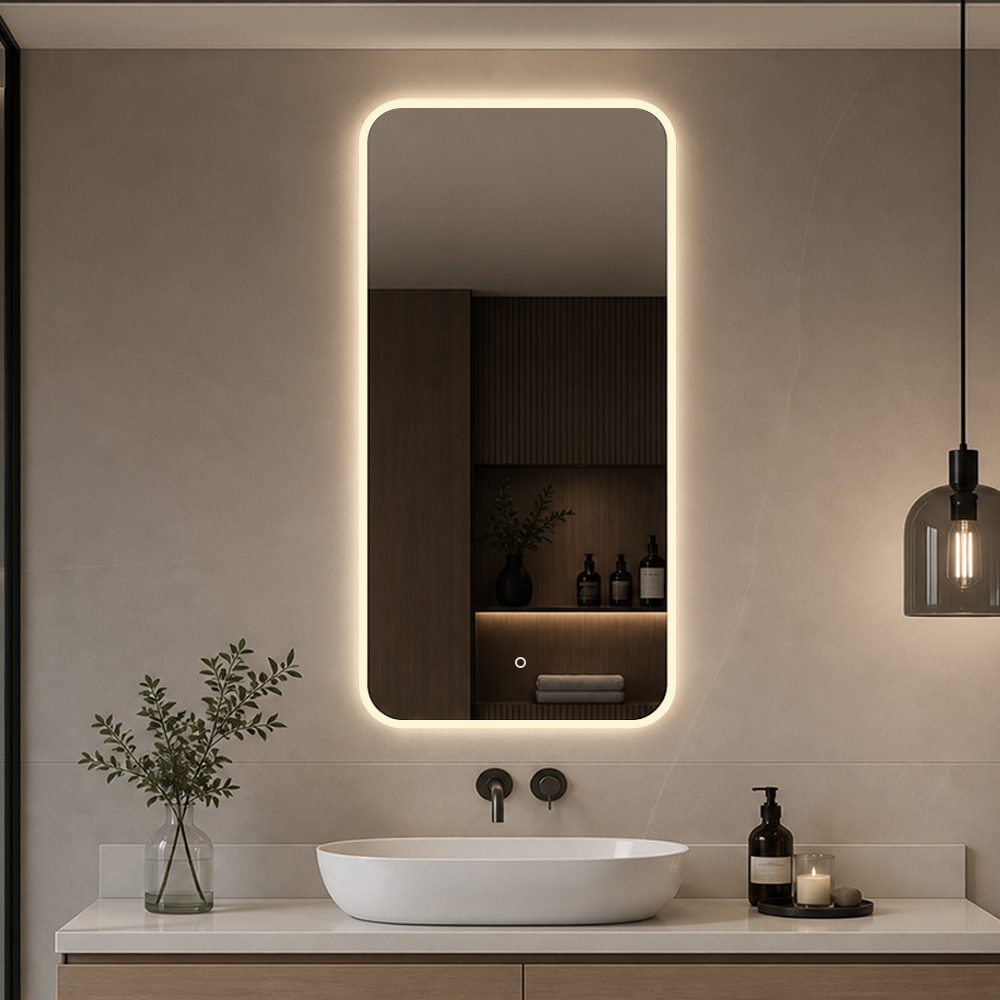 3167-LA tall illuminated bathroom mirror with warm light on tall rounded profile