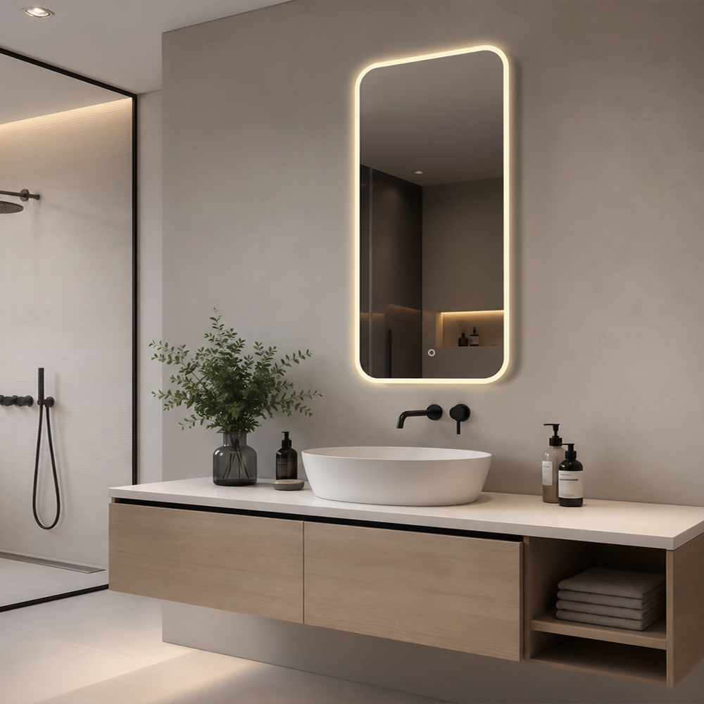 Side view of 3167-LA tall illuminated bathroom mirror with warm light and rounded profile