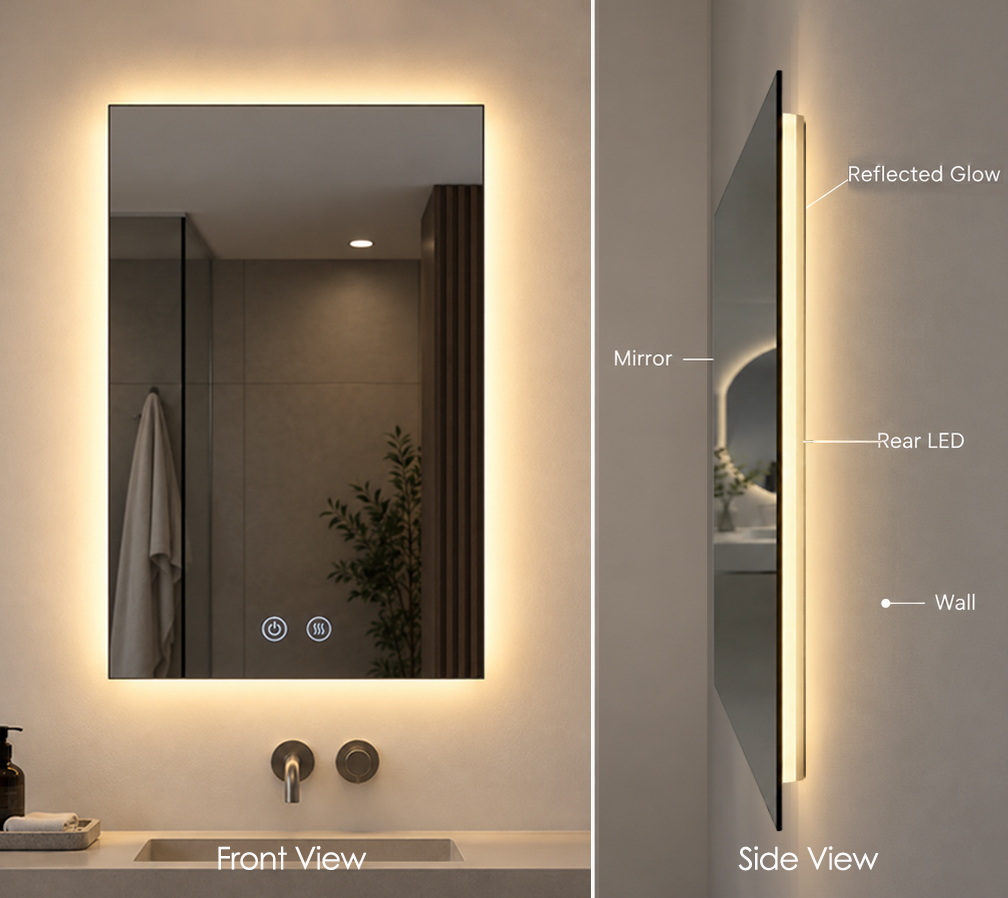 Backlit LED Mirror Wall-Glow Structure Front and side view showing rear LED placement and reflected wall glow of a backlit LED mirror.
