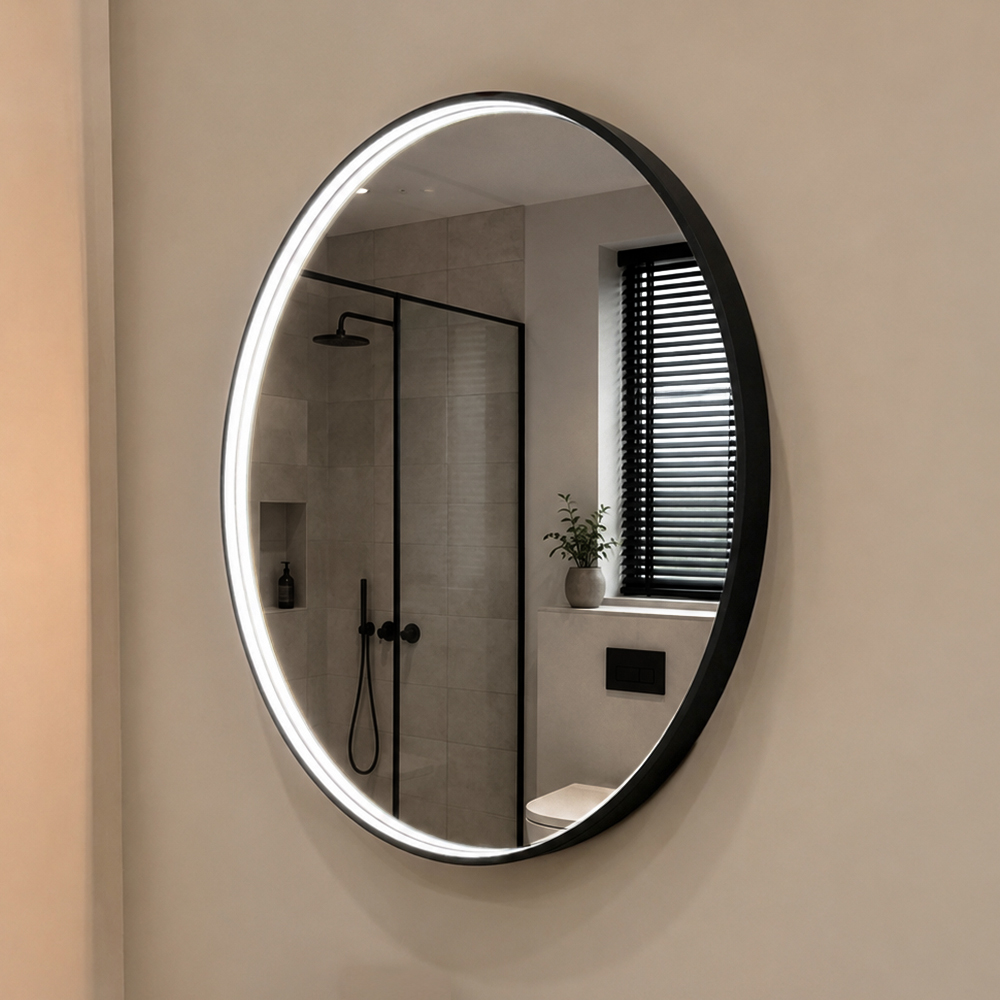 Edge-Lit Round LED Mirror with Black Frame – 3007W-LC-BK