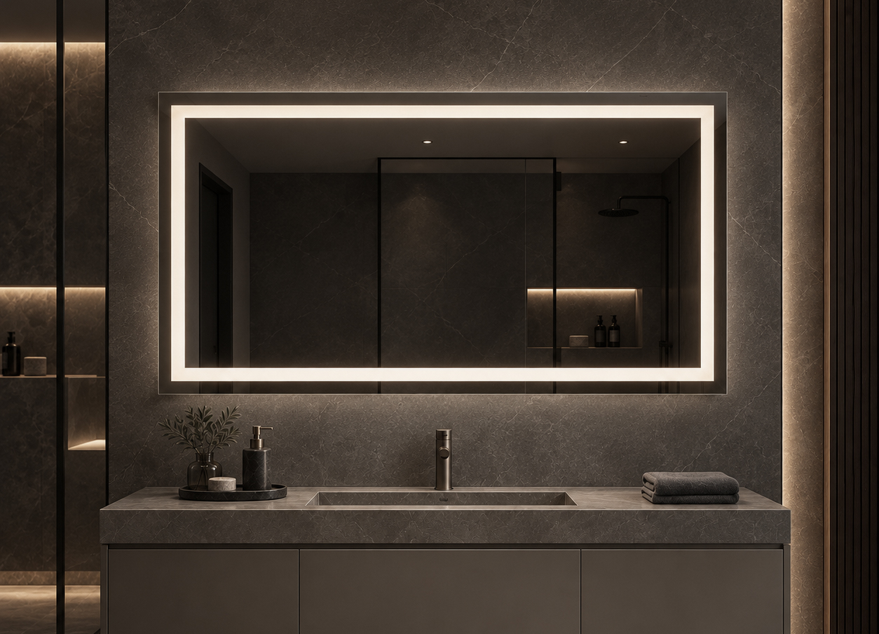 Front & Backlit LED Mirror in Luxury Bathroom Front & Backlit LED Mirror in Luxury Bathroom