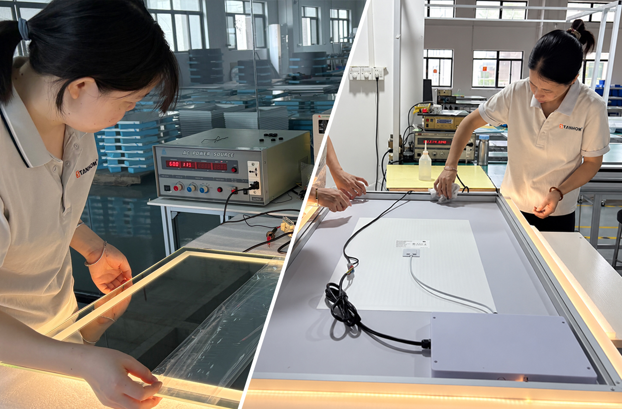 Front-Lit LED Mirror Lighting Inspection Front-lit LED mirror lighting and function inspection before packing