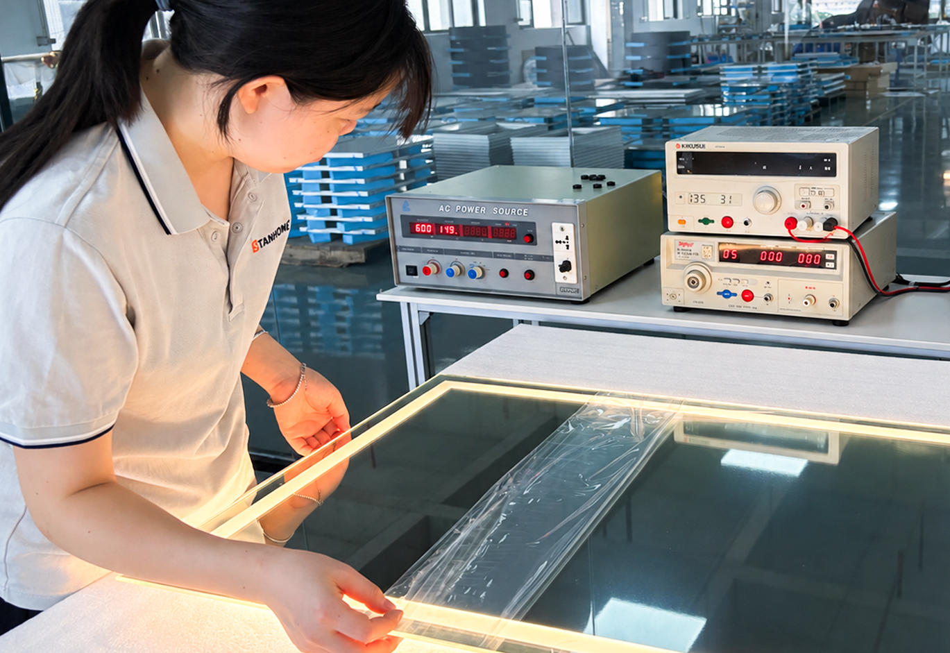 LED Mirror Electrical & Function Testing STANHOM LED mirror reinforced packaging with PE bag EPE foam insert honeycomb paperboard and carton box