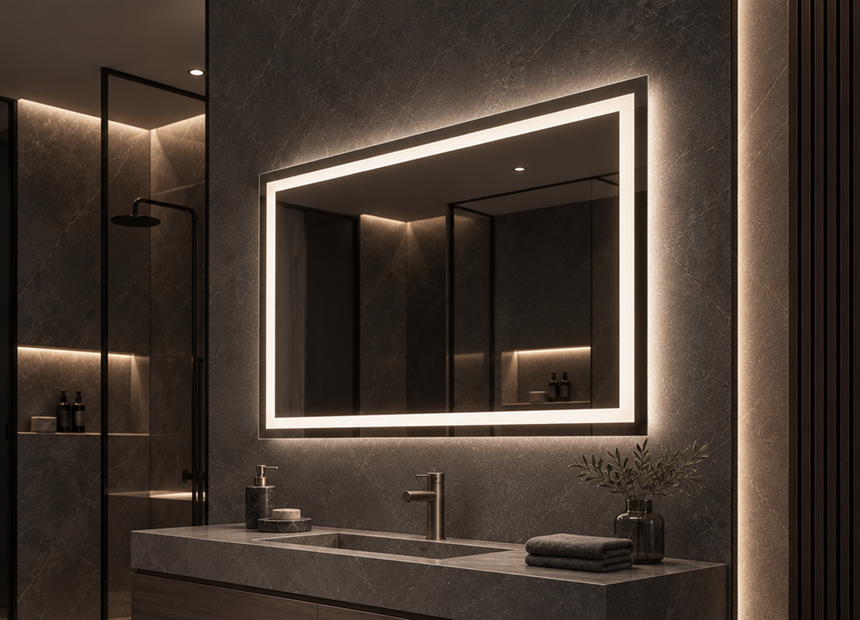 Side View of Front & Backlit LED Mirror Side view of a frameless front and backlit LED bathroom mirror showing the illuminated front band and soft rear wall glow