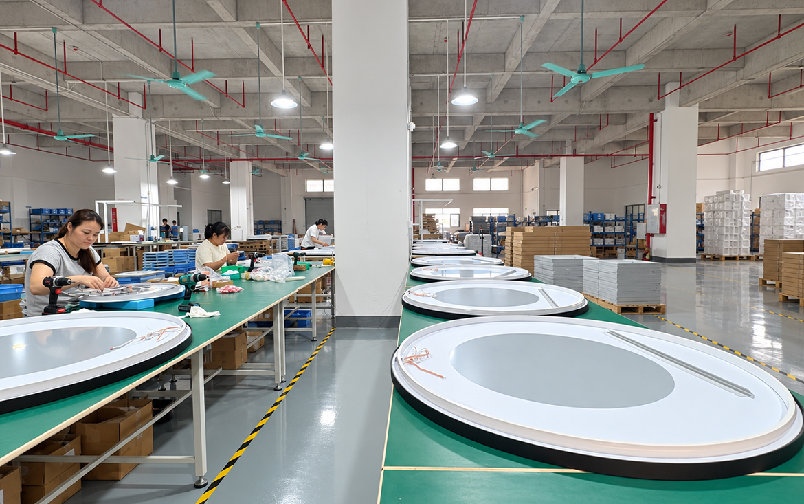 Framed Mirror Assembly at STANHOM Factory Workers assembling framed mirrors on the production line at STANHOM factory in Foshan, China
